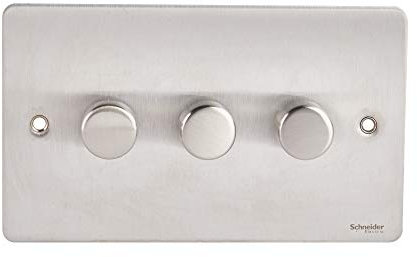 Schneider Electric Ultimate Flat Plate - 3 Gang 2 Way Dimmer Light Switch, Main and Low Voltage, 250W/VA, GU6232CSS, Stainless Steel