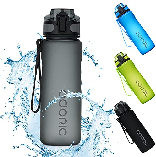 Adoric Sport Trinkflasche, [BPA Frei Tritan] 500ml Kinder auslaufsiche Flasche Schule Wasserflasche Sportflasche für Schule Ausflug Camping Freien, Outdoor, Yoga, Gym. (Grau)
