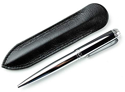 DELMON VARONE - Premium Drehkugelschreiber Silber nachfüllbar mit Blau schreibender Mine & Lederetui - Herren Metall Kugelschreiber edel, mit silberfarbener Oberfläche & Leder Etui mit Gravur