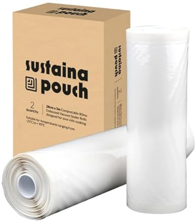 SousVideTools | Sustainapouch Vacuum Sealer Rolls | Pack of 2 | 28cm x 5m | Compostable Embossed Food Storage | Sous Vide Cooking & Freezing