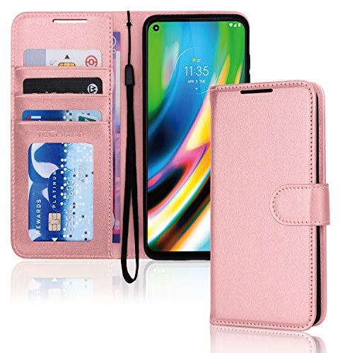 TECHGEAR Étui portefeuille en cuir pour Motorola Moto G9 Plus avec porte-cartes, support et dragonne, couleur or rose en cuir PU avec fermoir magnétique pour Motorola Moto G9 Plus