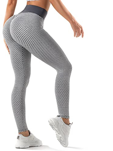 Oielai Tik Tok Damen Sport Leggings, High Waist Push Up Boom Booty Leggings mit Bauchkontrolle, Lange Sporthose Fitnesshose Yoga Leggings für Damen Mädchen, Grau/Weiß, S