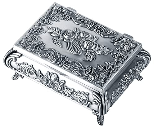 INFINIONLY Boîte à bijoux pour femme, boîte à bijoux en alliage d'étain, boîte à bijoux vintage en métal, roses sculptées, boîte à bijoux à quatre pattes, boîte de rangement de bijoux, artisanat