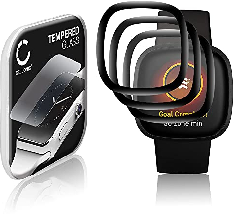 CELLONIC 3x 9H Display Schutzglas für FitBit Versa 3 / Sense Smartwatch, 3D Full Cover Full Glue Screen Protector Glass, Fitness Tracker Displayschutz Glas schwarz Schutzfolie