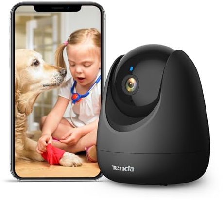 Tenda Überwachungskamera Innen CP3 V2.2, 360 Grad WLAN IP Kamera, 2-Wege-Audio, 1080P, Nachtsicht, Ton & Licht Alarm, Bewegungsverfolgung, Haustierkamera für Hund/Katze, Baby Kamera, Alexa, Schwarz
