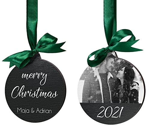 Foto Holzanhänger für Weihnachten - Christbaumkugel mit Foto & Wunschtext - Christbaumschmuck Holz schwarz - Geschenkanhänger und Weihnachtsanhänger Baumschmuck