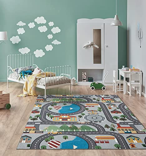 the carpet Happy Life Kinderzimmer, Kinderteppich, Spielteppich, Waschbar, Straßenteppich, Straße, Stadt, Auto, Grau, 80 x 150 cm