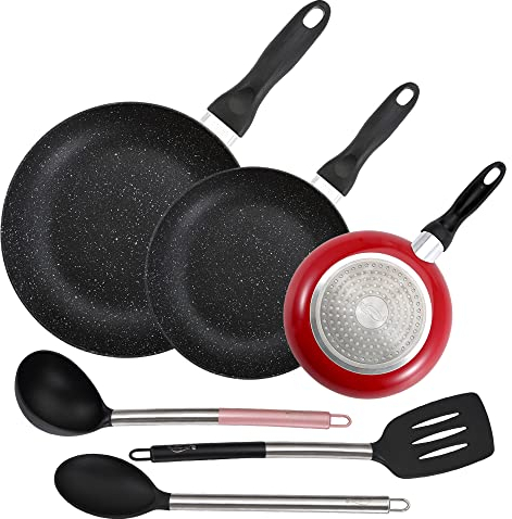 San Ignacio PK4830 PACK DE 3 SARTENES 16CM 20CM 24CM + SET DE 3PC UTENSILIOS DE COCINA EN NYLON, Rosa/Gris