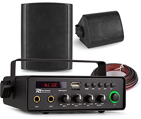 Power Dynamics 12V Portable Outdoor Speaker System - 2x BGO40 4 Weatherproof Black Speakers, Bluetooth Audio Amplifier for Vehicles, USB/SD MP3 Playback, Microphone Inputs, Caravan & Truck Use