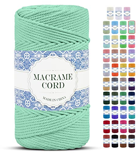 Uiopa Makramee Garn 4mm x 200m Natürliche Baumwollkordel Baumwollseil Baumwollgarn Baumwollschnur, Macrame Cord 4mm für DIY Basteln Stricken Wandbehang Pflanze Aufhänger Boho Deko (Minzgrün)
