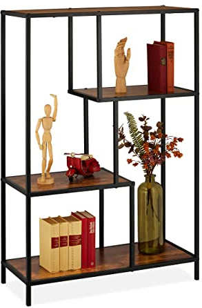 Relaxdays Regal im Industrial Style, 4 Ablagen, Holzoptik, Vintagekommode, HxBxT: 114,5x77x32,5 cm, Dunkelbraun/schwarz