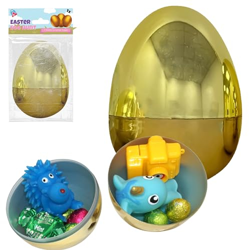 HOVUK x Jumbo-Osterei zum Befüllen, 10 cm großes, goldenes Plastik-Ei zum Befüllen als Osterdekoration, Eiersuche, Partytütenfüllung, zum Befüllen mit Süßigkeiten, Schokolade, Spielsachen und mehr