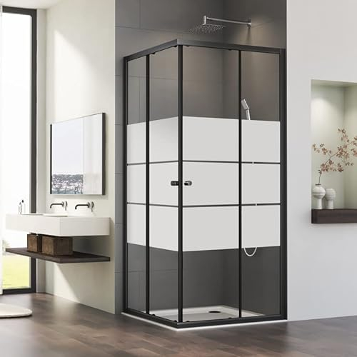 Eckeinstieg Schiebetür Duschkabine 90x90cm Schwarz Doppel Schiebetüren Gestreift Duschabtrennung mit 6mm ESG Sicherheitsglas, Mattes Schwarz Schiebetüren Duschwand Duschtür Höhe 185cm