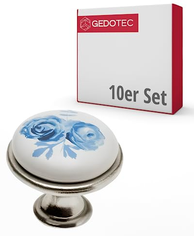 Gedotec Möbelknöpfe | Porzellan und Metall | Ø 26,5 mm I 10 Stück | Türknopf für Schränke - Silber antik Blaue Rose inkl. Befestigungsmaterial I OLGA I Knöpfe für Küchenschränke