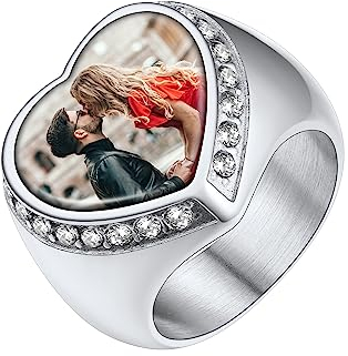 Supcare Damen personalisierter Herz Zirkonia Siegelring Gravur mit Foto Edelstahl benutzerdefiniert Foto Ring für Männer Frauen Memorial Silberring Modeschmuck für Geburtstag Weihnacht