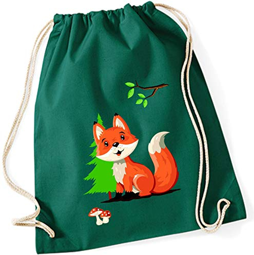 minimutz Turnbeutel Fuchs für Kinder | Stoffbeutel Baumwolle Fuchs Wald-Tiere | Sportbeutel zum Zuziehen mit Kordel 37cm x 46cm (dunkelgrün)