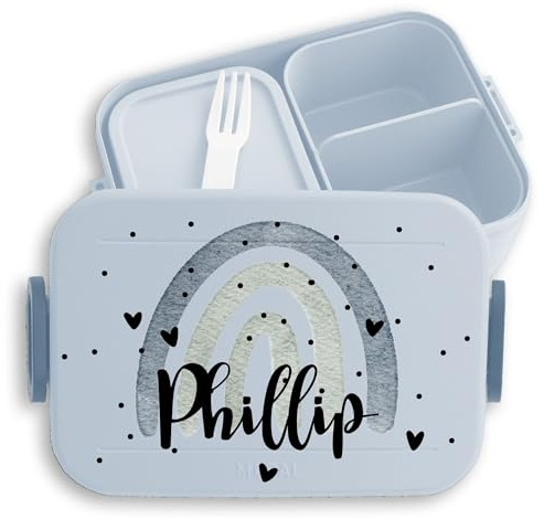 Kinder Bento Box Midi Lunchbox für Mepal Bentobox - Regenbogen Brotdose Rainbow mit Name Jausenbox I - 900 ml - Hellblau - personalisierte brotdosen vesperbox mädchen schule personalised kita
