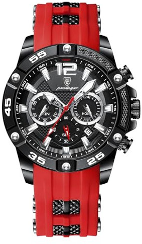 FORSINING Orologio da polso da uomo, casual, sportivo, cronografo, cinturino in silicone, militare, al quarzo, impermeabile, con data, display analogico, Rosso, Cinturino