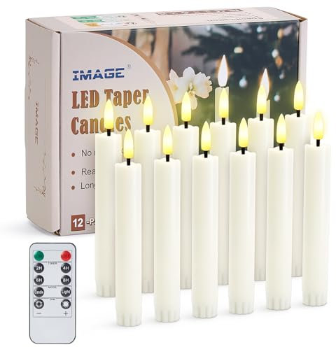 IMAGE 12 Stück batteriebetriebene Stabkerzen 3D Docht Elfenbein flammenlose flackernd Kerzen mit Fernbedienung und Timer, Hochzeit ostern partys Weihnachtsdeko,warm weiß