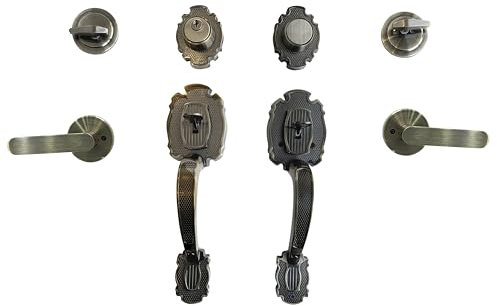 LOCKSET4U Mara Double Reversal Front Door Hardware Set, Heavy Duty Grip Entry Double Door Lock Set with Lever Handle and deadbolt, Antique Brass