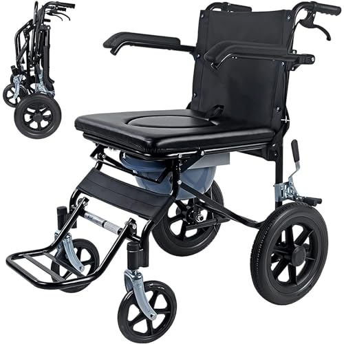 VECNUM Faltbarer Leicht Reiserollstuhl, Klappbar Toilettenstuhl Mit Rollen, Kleiner Rollstuhl Für Die Wohnung Und Unterwegs, Extra Schmaler Rollstühle Mit Bremsen aus Stahl, Schwarz