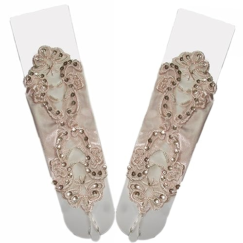 Whakano Damen Fingerlose Handschuhe,Elegante Spitzen Satin Handschuhe mit Pailletten,Brauthandschuhe,Opernhandschuhe,für Halloween,Bankett,Party,Hochzeit,Abschlussball,Cosplay,Tea Party Zubehör,Sekt