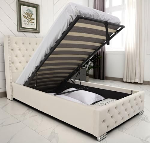Upholstered Ottoman Bed Single Bed Frame UKFR Velvet Beige Ottoman Storage Bed with Gas Lift End Opening Wooden Slats with Storage Bed (3ft Single 90 x 190, No Mattress)