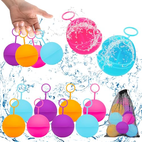 Wasserbomben Wiederverwendbar, 8 Stück Wasserbomben mit Mesh Bag, Schnell Befüllbare Wasserbombens, Silikon Wasserballon, Outdoor Wasserspiele Sommer Pool Spielzeug Wasserspielzeug für Kinder