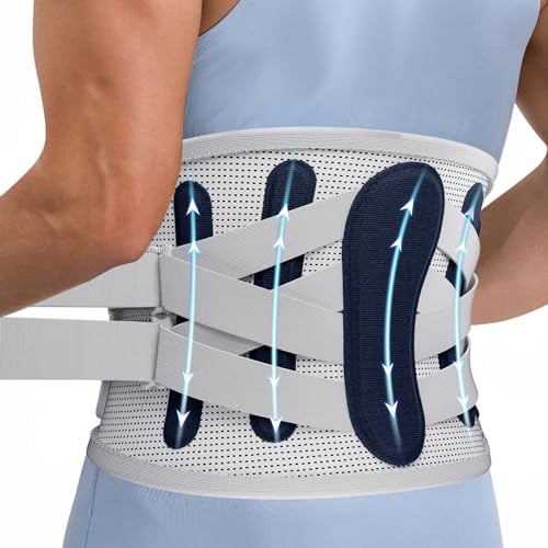 ProWaves Graue Rückenstütze für Männer und Frauen, Lendenwirbelstütze mit 5 Streben, Rückenstützgürtel für Ischias, Bandscheibenvorfall, Ischias, Skoliose, Arbeit und Sports(XX-Large)