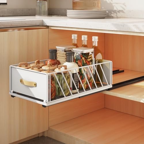 SAYZH Tiroir Coulissant, Fixé Avec Un Nano Film Adhésif, Telescopique Tiroir Coulissant Cuisine pour Placard, pas Besoin de Percer ni de Clouer, 40Profondeur x 25Largeur x 15.5Hauteur CM, Blanc