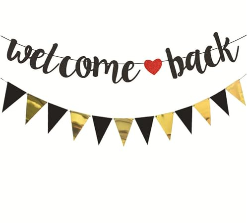 Glitzer Welcome Back Girlande mit Wimpel, Willkommen Zuhause Banner Schwarz,Papier Willkommen Zurück Girlande,Welcome Home Deko,Herzlich Willkommen Girlande für Einschulung, Klassenzimmer,Familie Deko