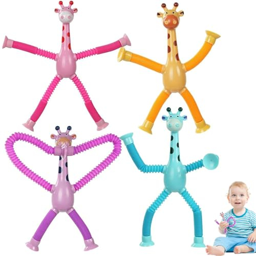 FiveMileBro 4 Piezas Juguete Telescópico con Ventosa de Jirafa, Juguete de Jirafa de Succión Telescópica, Juguete de Jirafa Telescópico, para Niños y Niñas