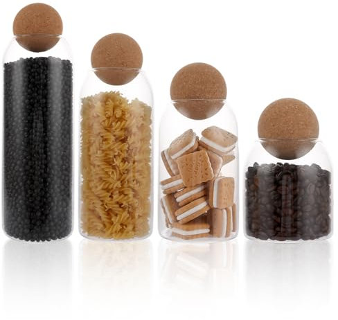 LDXDRU Lot de 4 bocaux de conservation en verre avec couvercle en liège 500 + 800 + 1000 + 1300 ml - Bocaux de conservation hermétiques en verre - Pour la cuisine, les biscuits, le café, le sucre, les