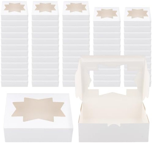 SINJEUN 60 PCS White Cookie Boxes, Cardboard Dessert Treat Boxes with Clear Window, Brownie Bakery Boxes for Gift, Party, 20.5 x 15.5 x 6.5cm