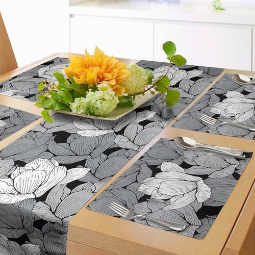 ABAKUHAUS Schwarz und Grau Tischläufer & 4 Stück Tischsets, Blumenarrangement asiatische Lotus traditionelle orientalische Naturmotive, Tischdeko-Set, 180 x 40 cm, Weiß Schwarz
