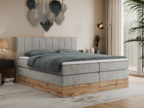 MKS MEBLE King Boxspringbett 200x200 Mit Bettkasten Eiche, Polsterbett Mit Matratze H3, Bett Mit Rahmen in Wotan Eiche und Kopfteil - Hellgrau Struktur - Bellissimo King