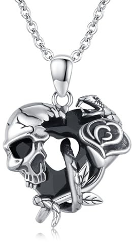 ECHOOY Kull Collier en Argent Sterling Rose Serpent Gothique Pendentif Coeur Collier en Cristal Autrichien Noir Collier Halloween Bijoux Cadeau pour Femmes Hommes