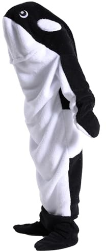 Thigies Whale Blanket Hoodie, tragbare Decke, Walschwanz-Kapuzenpullover, Einteiler, flauschiger Fleece-Schlafsack, Einteiler, Wal-Kostüm für Erwachsene, Damen, Herren, Schwarz , L
