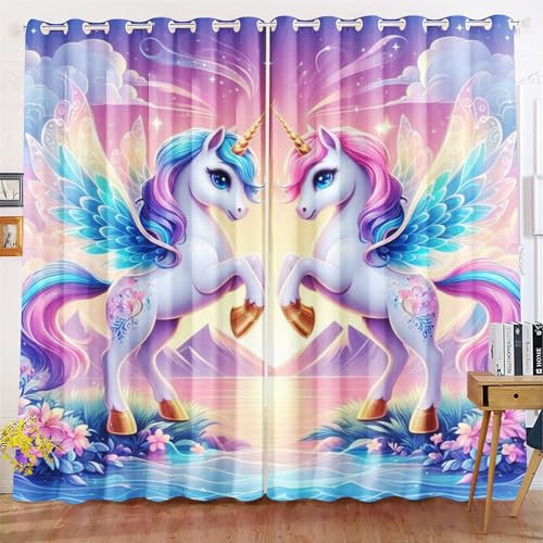 Qiqumax Einhorn Vorhänge Regenbogen-Einhorn Schlafzimmer Einhorn Vorhang Cartoon Einhorn Verdunkelungsvorhang Pferd Kinder Blickdichte Vorhänge (1,150x166cm(BxH)/ 75x166cmx2)