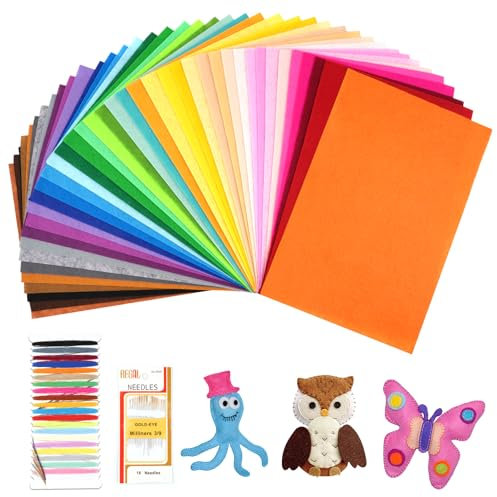 40 Farben Bastelfilz, 20 x 30 cm Filzstoff, Polyester Felt Fabric Filzplatten mit Bunter Stickgarn und Nähnadel, Farbig Filz Blätter zum DIY Handwerk Nähen Projekte Manual Decoration