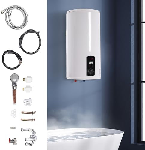 MEELRYD Boiler, scaldabagno elettrico da 50 l, 220 V, montaggio a parete, in acciaio inox, con capacità di 50 l e temperatura regolabile di 25 – 75 °C, soffione doccia (bianco)