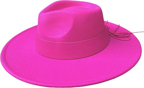 Fashion You Want Damen Filzhut Fedora Hut breite Krempe Festival Karneval OutfitBoho Band Fedora Breite Krempe Reisen Cowboy Hut Filz Rancher Wollhut Vintage Panama Hüte (Uni Fuchsia)