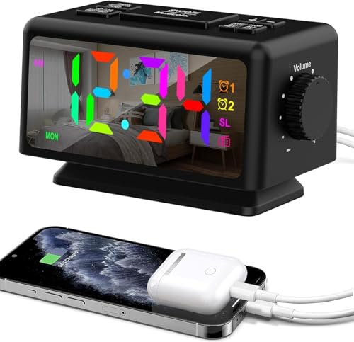 Euakee Réveil Numérique pour Chambre à Coucher, Veilleuses RVB Dynamiques Colorées, Affichage à Chiffres Multicolores, Dimmable, Chargeur USB, Radio-Réveil FM pour Les Dormeurs Profonds (Noir)
