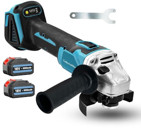18V Akku Winkelschleifer Ersatz für Makita 18V Akku, mit 2x 5.5AH Akku und Ladegerät, 125MM Bürstenloser Winkelschleifer, 11000U/min, zum Entkalken, Polieren, Schleifen