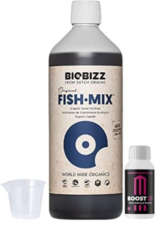Growmania Fish Mix de BioBizz 1 l + échantillon Boost Up de Up Nutrients + verre doseur | Stimulateur de croissance organique | Idéal pour les jardins domestiques et les installations locales