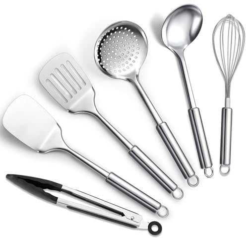 ReaNea Stainless Steel Cooking Utensils Set 6 Pieces, Kitchen Tools Set Include Metal Spatula Set, Skimmer, Ladle, Tong, Whisk, Kitchen Gadgets Essentials New Home Must Have