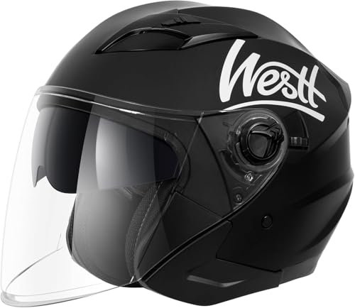 Westt Jethelm mit Visier und Sonnenblende Motorradhelm Herren Damen Rollerhelm Mopedhelm Mofa Chopper Helm Motorrad Halbhelm Open-Face-Helm Pilotenhelm ECE DOT Zertifiziert