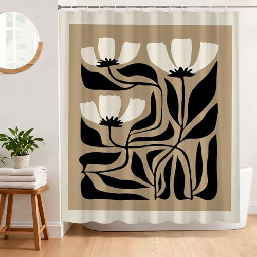 BREASOME Vintage Duschvorhang 180x180 cm Anti-Schimmel Duschvorhang Abstrakt Blumen Stoff Polyester Wasserdicht Badewanne Vorhang mit Ösen und 12 Haken