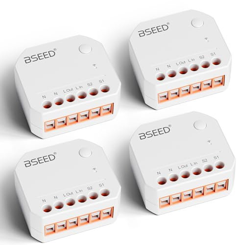 BSEED Smart Lichtschalter 1 Weg/2 Wege,WLAN Schalter Modul Kompatibel mit Alexa,Google Home,Mini DIY Smart Relais Schalter,Passt hinter Wandschalter,Neutralleiter Erforderlich-4 Stück