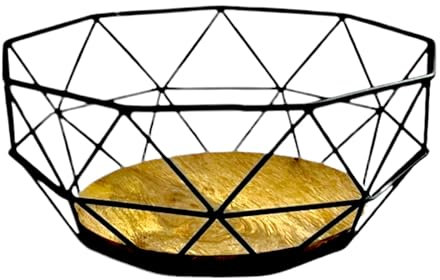 Geometric Wire Fruit Bowl with Wooden Base, Black Metal Frame, 30 x 20 x 14 cm